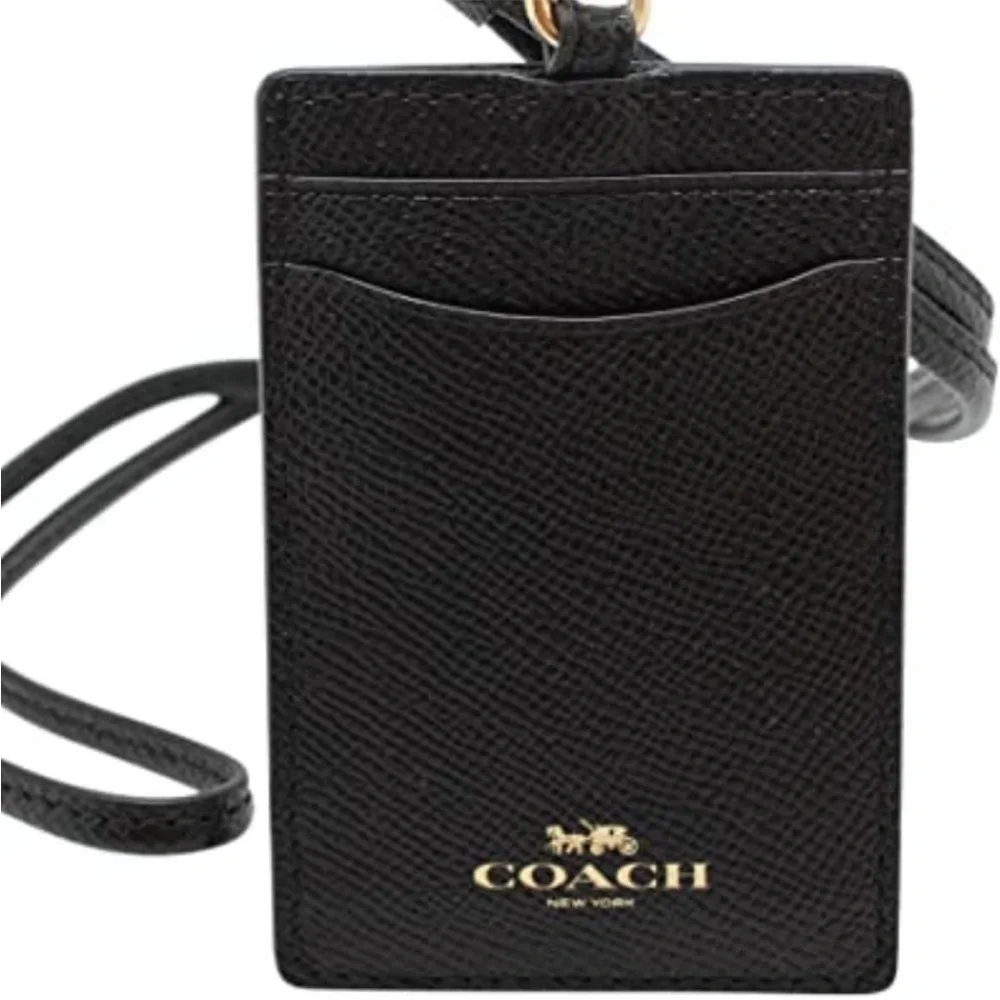 COACH Id Lanyard Black Gold Logo Crossgrain leather Credit Card Slots NEW